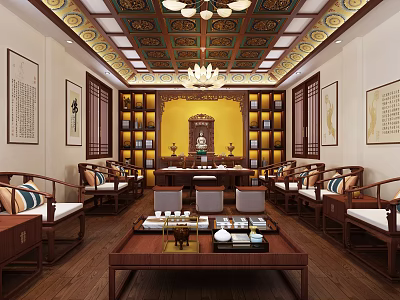Traditional Chinese Leisure Area Interior With Wooden Furniture Bookshelves Chandelier And Tea Sets 3d model