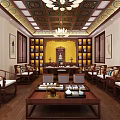 Traditional Chinese Leisure Area Interior With Wooden Furniture Bookshelves Chandelier And Tea Sets
