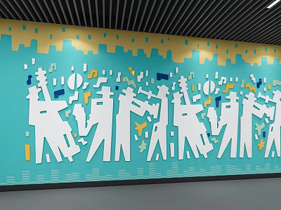 School Wall Decoration Featuring Blue Background White Silhouettes And Colorful Patterns 3d model