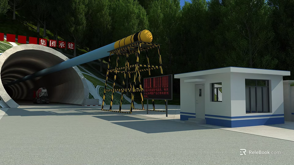 Roadside Facilities With Tunnel Entrance Control Booth And Yellow Warning Structure 3d model 