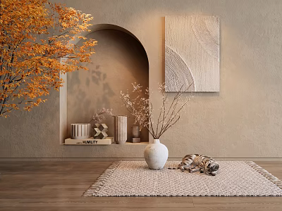 Decorative Ornament Set With Arched Niche Wooden Painting White Vase And Dried Flowers 3d model