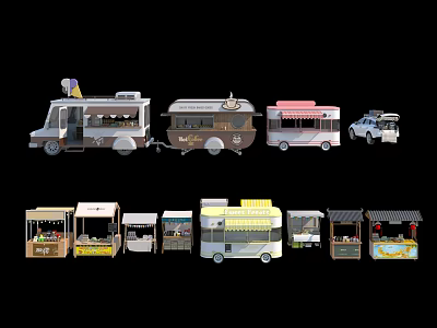 Various Commercial Equipment Including Mobile Food Carts And Street Vending Stalls 3d model