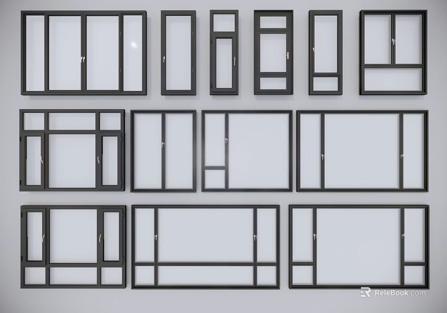 Casement Windows Multiple Styles With Black Frame White Glass And Various Sizes 3d model