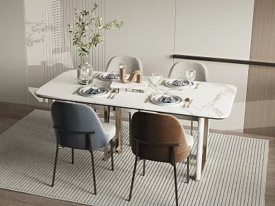 Modern Dining Table Set With Marble Top Blue Brown Gray Chairs Green Plant And Tableware 3d model