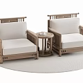 Wooden Frame Single Sofas With Light Beige Cushions And Small Round Table On Rug 3d model