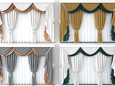 Stylish Curtains in White Gold Gray Green with Elegant Drapes and Valances 3d model