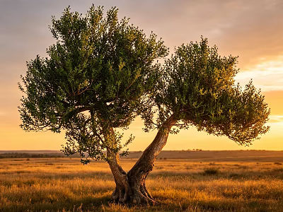 Lone Tree with Two Trunks Bathing in Golden Sunlight at Sunset in Vast Grassland 3d model