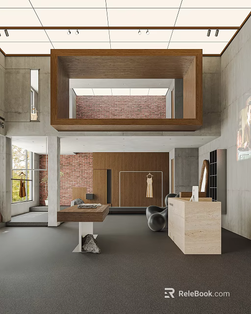 Modern Clothing Store Interior With Brick Wall Wooden Racks And Fashion Display Areas 3d model 