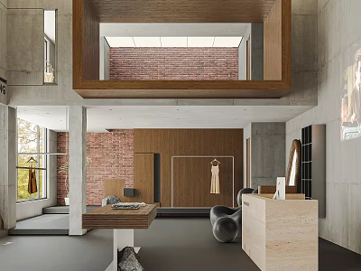Modern Clothing Store Interior With Brick Wall Wooden Racks And Fashion Display Areas 3d model