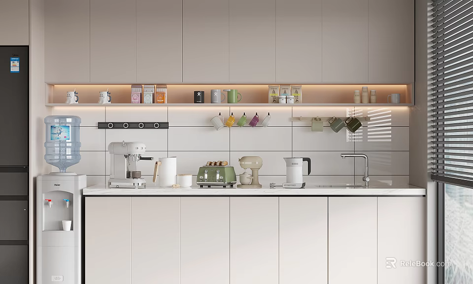 Modern Pantry With White Cabinets Shelves Holding Various Mugs Coffee Machine And Water Dispenser 3d model 