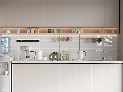 Modern Pantry With White Cabinets Shelves Holding Various Mugs Coffee Machine And Water Dispenser 3d model