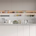 Modern Pantry With White Cabinets Shelves Holding Various Mugs Coffee Machine And Water Dispenser