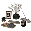 Minimalist Decorative Ornament Set With Ceramic Vase Dried Flowers Photo Frame Wooden Tray And Candle