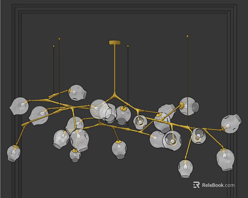 Modern Artistic Chandelier with Golden Branch Frame and Transparent Glass Spherical Shades 3d model 