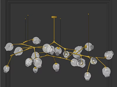 Modern Artistic Chandelier with Golden Branch Frame and Transparent Glass Spherical Shades 3d model