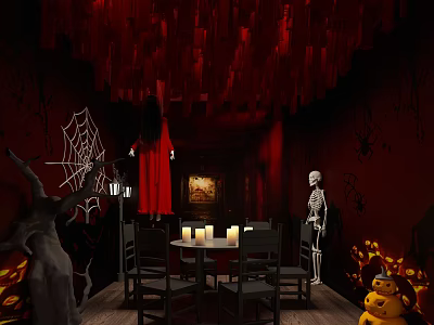 Spooky Halloween Dining Room Decor With Skeleton Spider Web And Candles 3d model