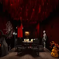 Spooky Halloween Dining Room Decor With Skeleton Spider Web And Candles 3d model