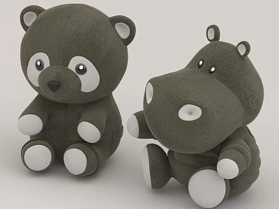 Two Gray Bear and Hippo Shaped Plush Toy Pillows with White Ears Eyes and Paws 3d model