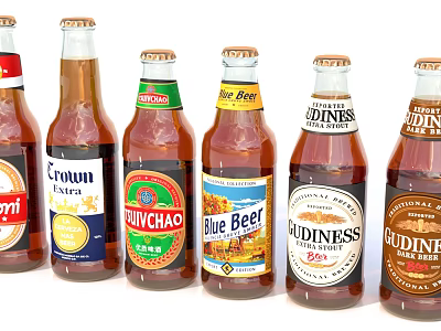 Assorted Beer Bottles From Various Brands With Distinct Labels Arranged In A Row 3d model