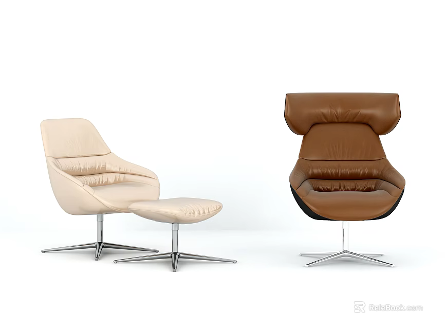 Modern Office Chair With Beige And Brown Leather Upholstery Metal Legs And Ottoman 3d model 