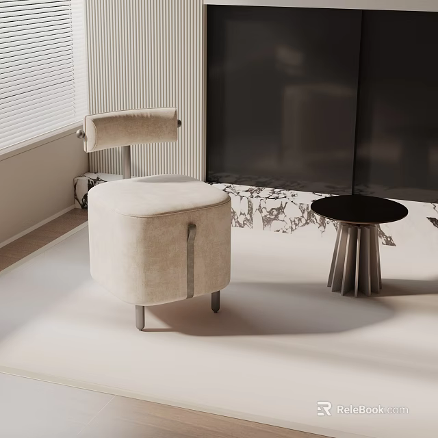 Modern Accent Chair Upholstered In Beige Fabric With Metal Legs And Round Black Side Table 3d model 