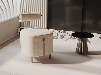 Modern Accent Chair Upholstered In Beige Fabric With Metal Legs And Round Black Side Table 3d model