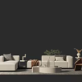 Modern Sectional Sofa And Round Coffee Table Set With Throw Pillows Blanket And Plants 3d model