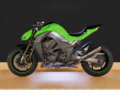 Green And Silver Modern Sport Motorcycle With Black Seat Accent Wheels On Display Stand 3d model