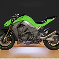 Green And Silver Modern Sport Motorcycle With Black Seat Accent Wheels On Display Stand