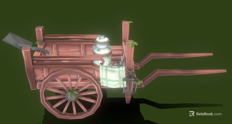 Rustic Wooden Cart With Bucket And Lantern On Green Background Scene 3d model 