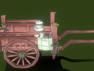 Rustic Wooden Cart With Bucket And Lantern On Green Background Scene 3d model