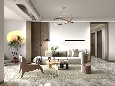 Modern Living Room Interior With Sofa Armchair Coffee Table Rug Plants And Chandelier 3d model
