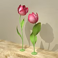 Window Display Decoration With Pink Tulips Green Stems And Wooden Countertop