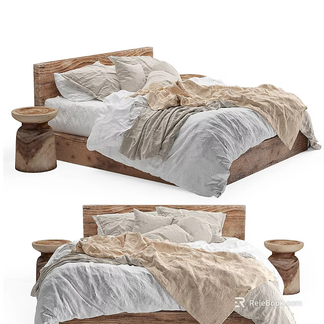 Cozy Double Bed With Wooden Headboard Neutral Linen Bedding And Round Side Tables 3d model 