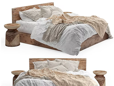Cozy Double Bed With Wooden Headboard Neutral Linen Bedding And Round Side Tables 3d model