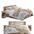 Cozy Double Bed With Wooden Headboard Neutral Linen Bedding And Round Side Tables