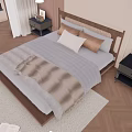 Double Bed With Wooden Headboard Gray Brown Bedding Pillows Nightstands On Wooden Floor And Rug