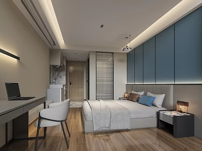 Modern Hotel Room Interior Design With Bed Work Desk Chair And Blue Panel Walls 3d model