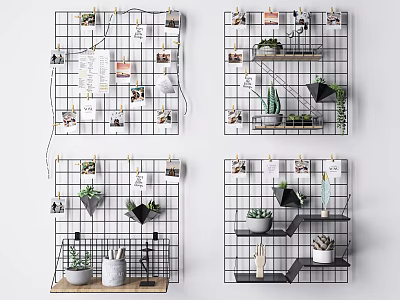 Modern Grid Photo Wall with Photos Small Plants Clips and Shelves Design 3d model