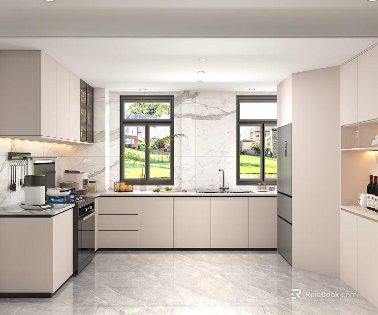 Modern Kitchen Interior Design With Light Cabinets Marble Counter And Green View Windows 3d model