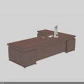 Modern Walnut Office Desk With Drawers And Laptop On Smooth Surface