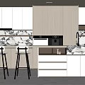 Modern Restaurant Interior Design With White Cabinets Wooden Island Marble Countertop And Bar Stools
