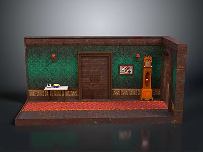 Vintage Interior Scene Model With Green Walls Brown Door Red Carpet And Grandfather Clock 3d model