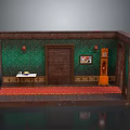 Vintage Interior Scene Model With Green Walls Brown Door Red Carpet And Grandfather Clock