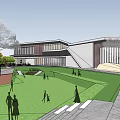 Modern Sales Office Building With Curved Roof Riverside Water Features And Greenery
