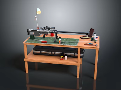 Weapon Assembly Process On Wooden Workbench With Tools Laptop Lamp And Paints 3d model
