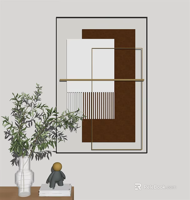 Modern Geometric Wall Decor With Brown White Patterns And Green Plant 3d model