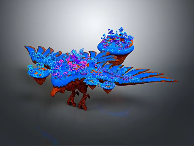 Cartoon Fantasy Scene Featuring Colorful Bird Creature With Blue Purple Floral Decorations And Vibrant Wings 3d model