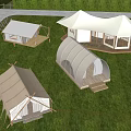 Outdoor Leisure Canopies With Various Designs On Green Lawn And Wooden Platforms