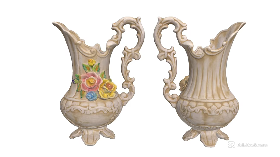 Vintage Carved Decorative Vases With Colorful Flowers Ornate Handles And Intricate Base Designs 3d model 